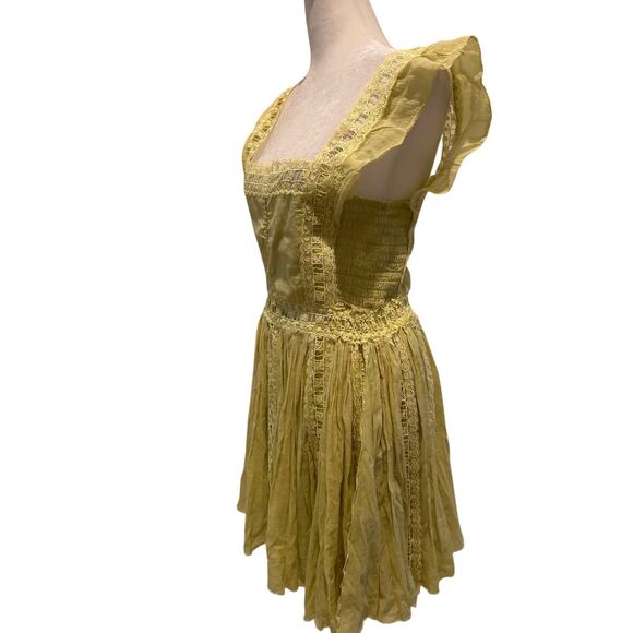 Free People FP One Verona Mini Dress SZM Lace Square Neck Romantic Yellow - Picture 3 of 10